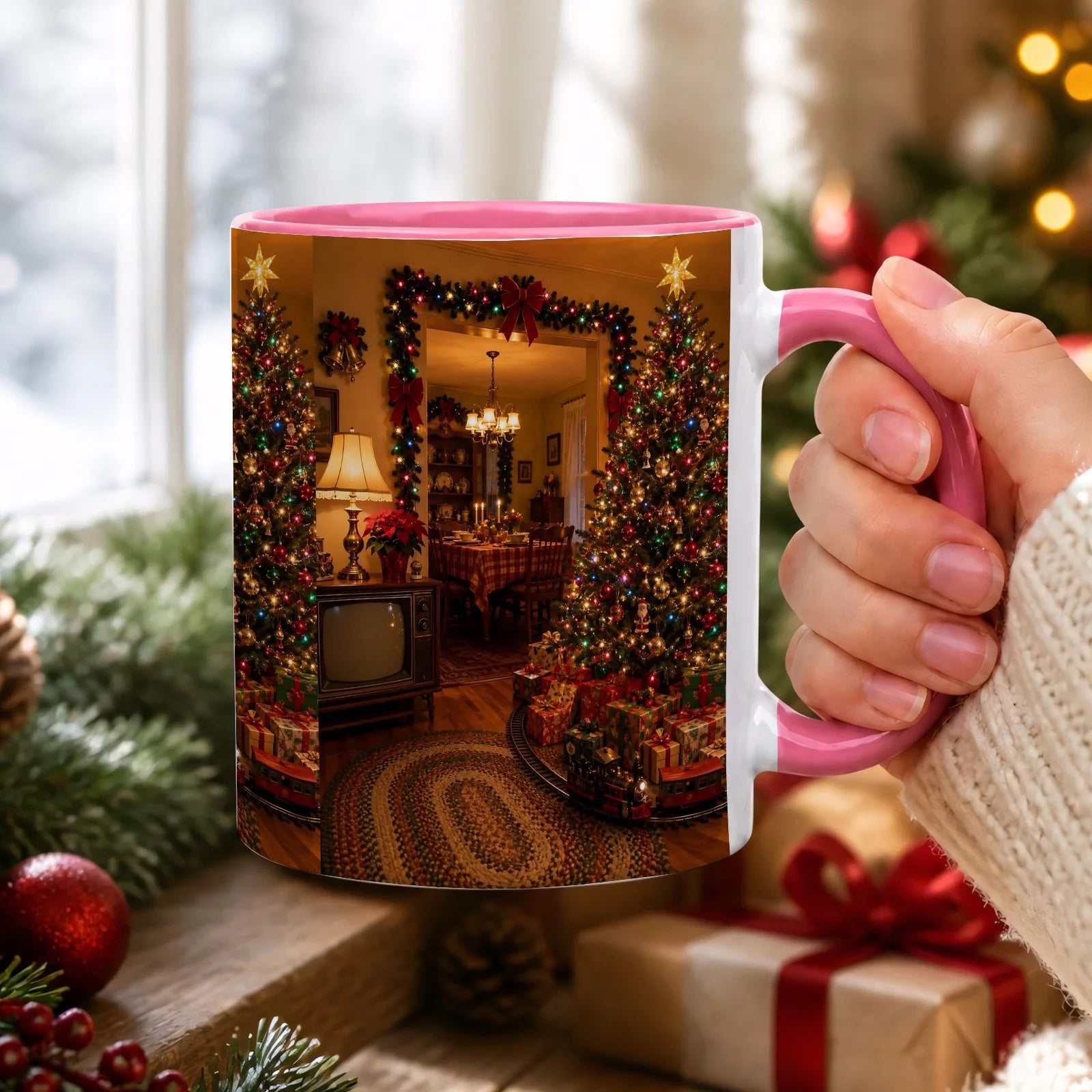 1pc Ceramic Christmas Coffee Mug with Cozy Fireplace & Tree Print - Suitable for Home, Office, Birthdays, Housewarmings - Multi-Holiday Gift for Hot/ Drinks, for Tea, Cocoa, for Home or Office Use (11oz)