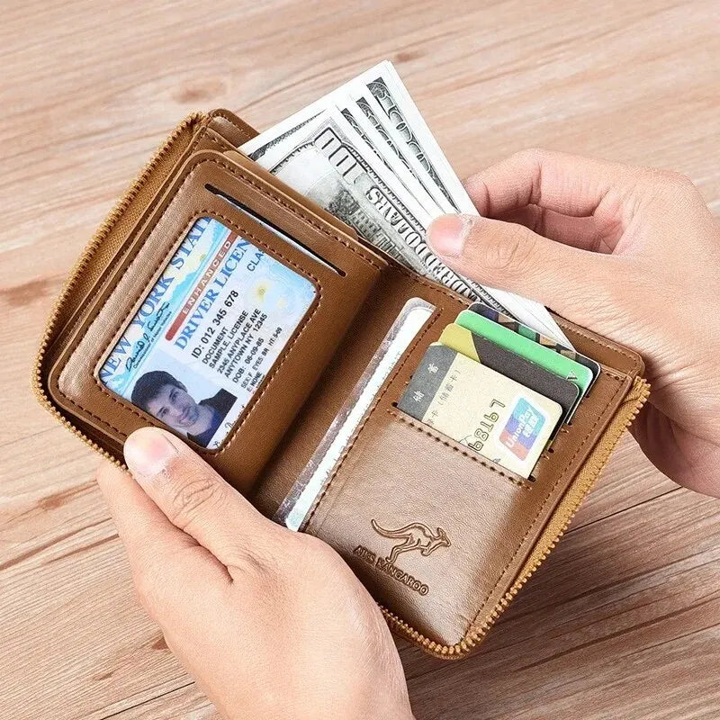 Men's Leather Business Card Holder — Slim Zippered RFID Protection Wallet