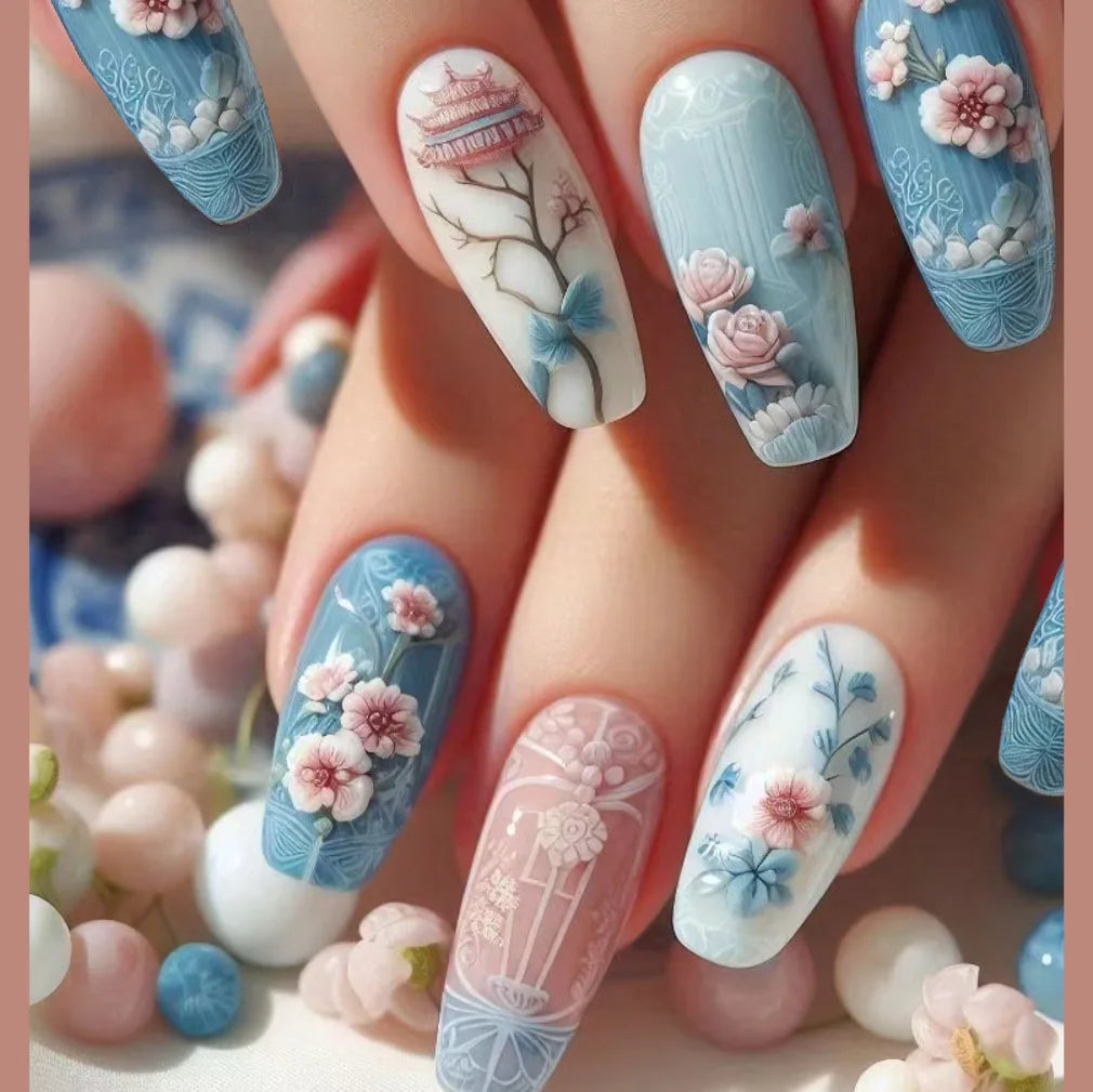 Pink Floral Press-On Nails — Short Almond French Tip Fake Nail Set