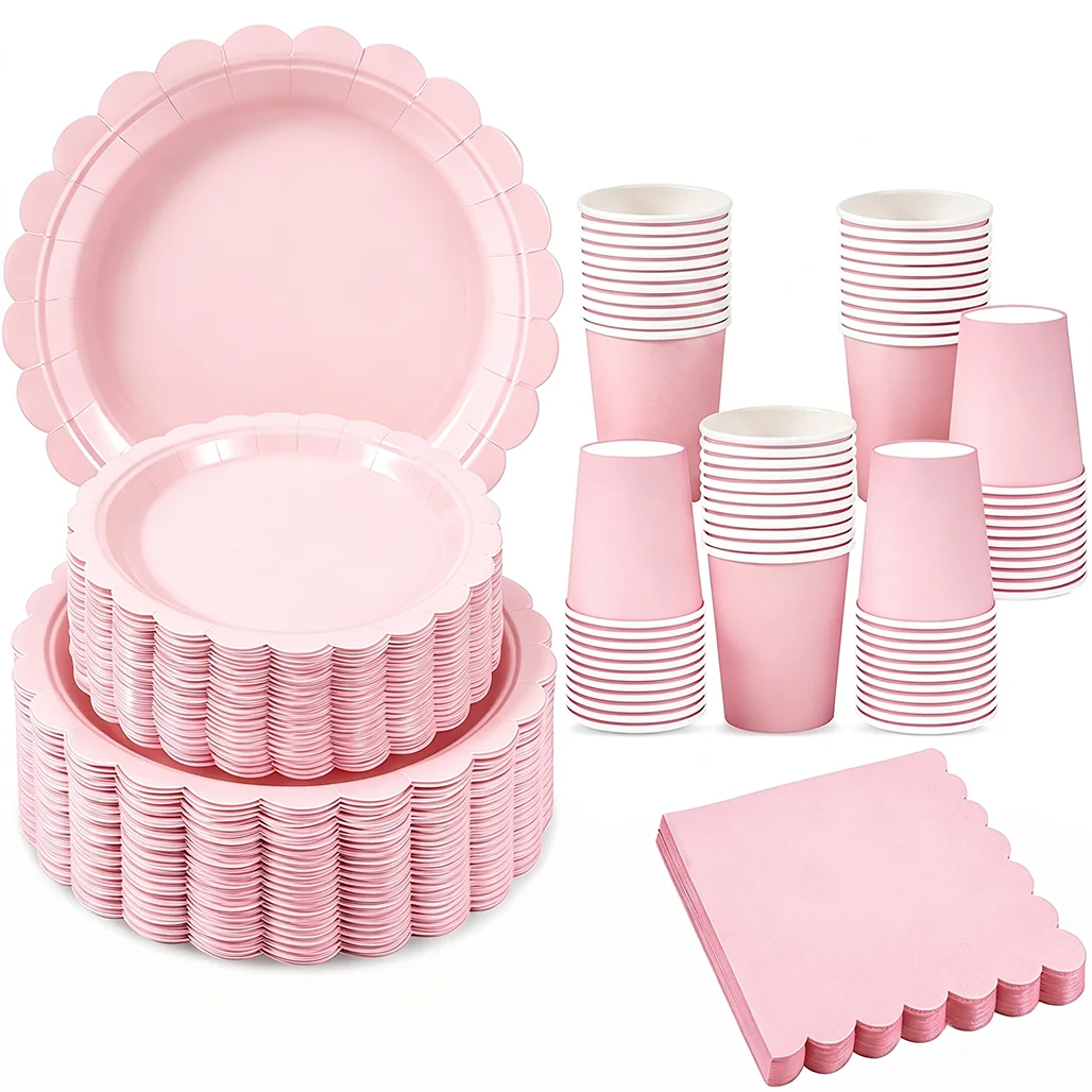 Elegant Pink Scalloped Edge Disposable Tableware — Chic Party Decor Set
