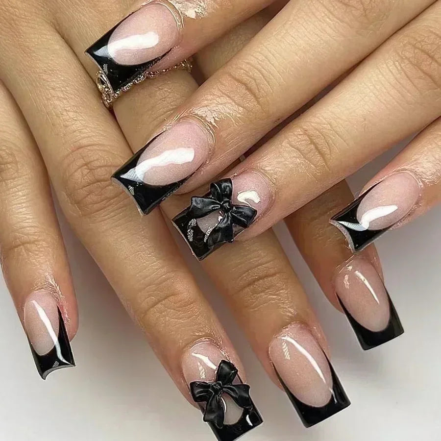 Qsezeny French Tip Press On Nails — Short Coffin Style Frosted Fake Nails