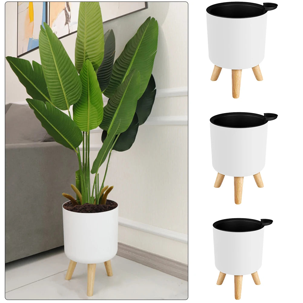 HOUSEEN Self-Watering Round Flower Pot — Modern Planter with Wooden Legs