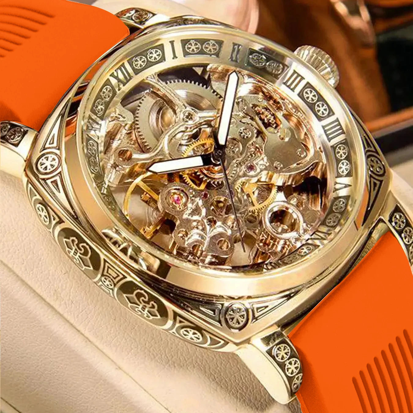 MEIRUIQI Men's Automatic Tourbillon Watch — Luminous Carved Mechanical Timepiece