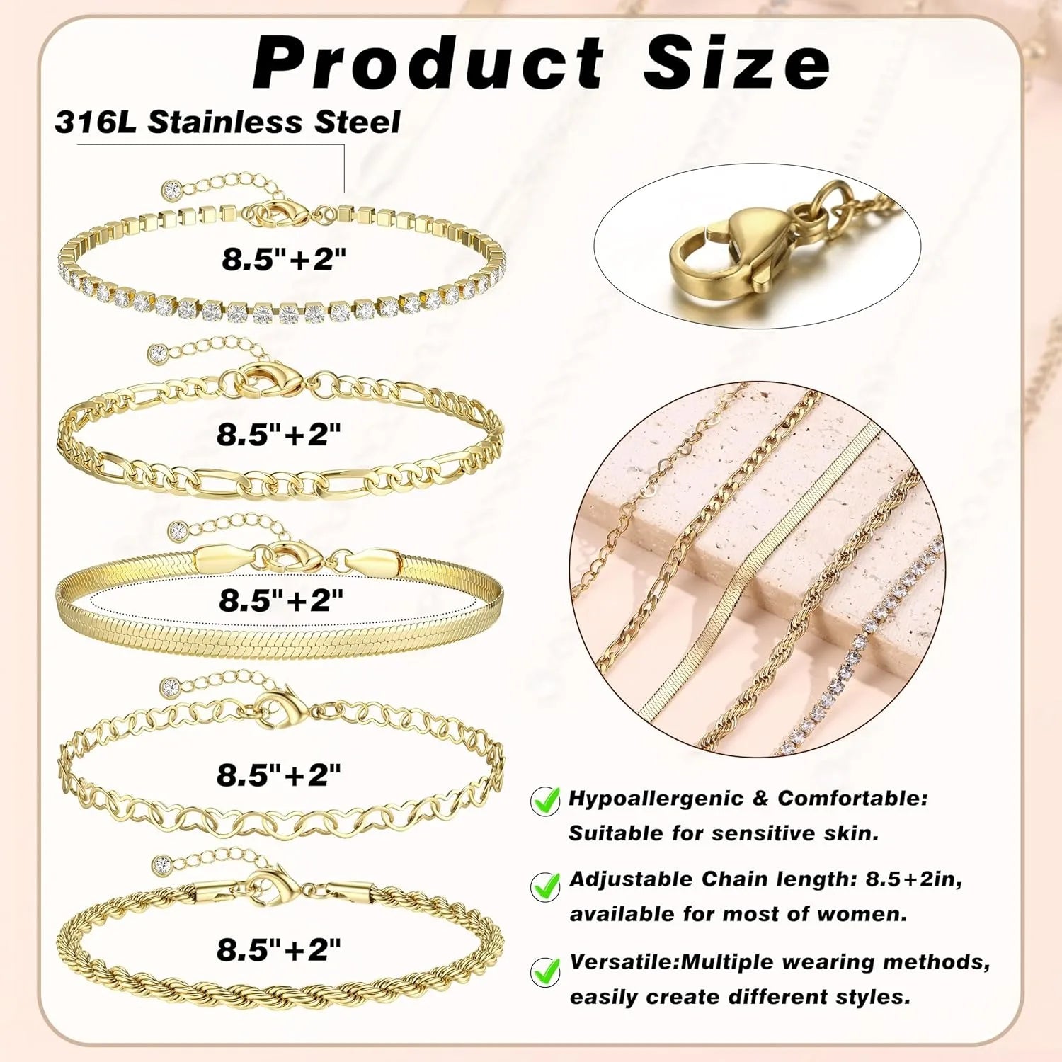 drperfect 5-Piece Gold Ankle Bracelet Set — Waterproof Cuban Link Anklets