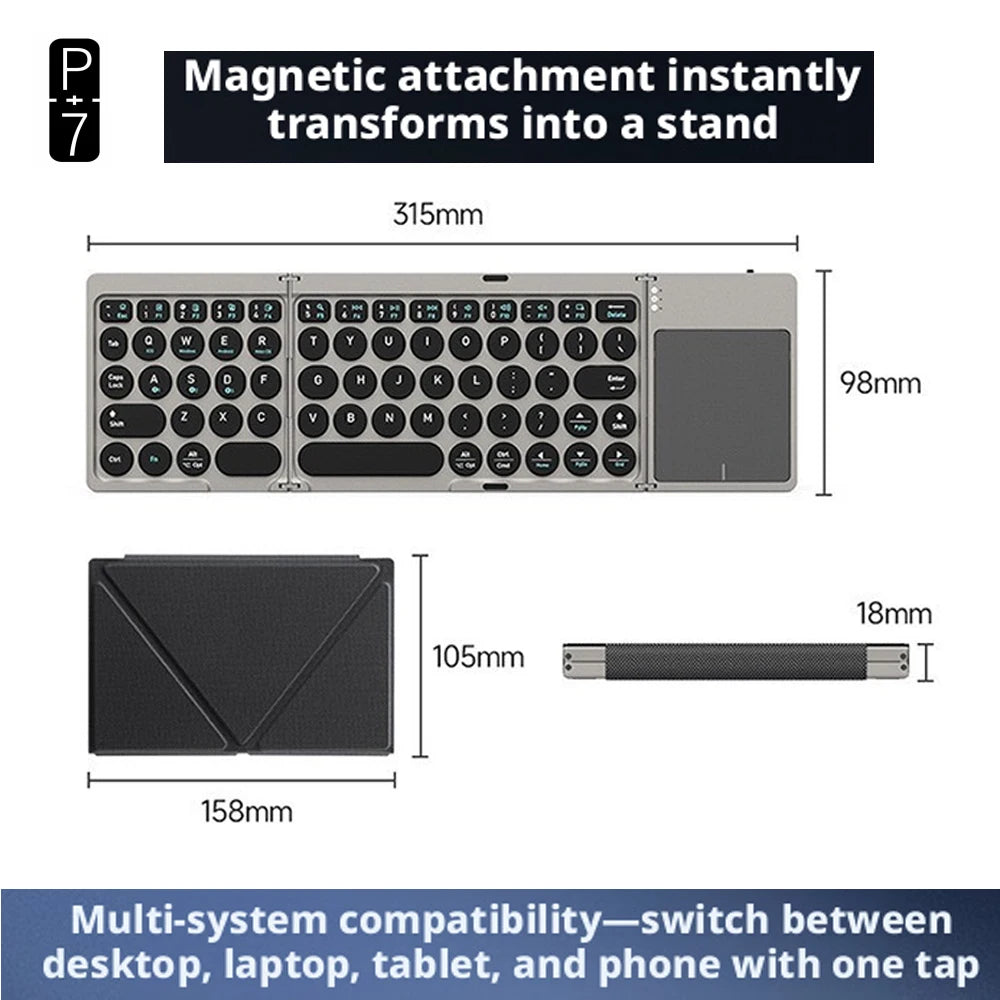 P+7 Three-Foldable Bluetooth Keyboard — Multi-Device Wireless Typing with Touchpad