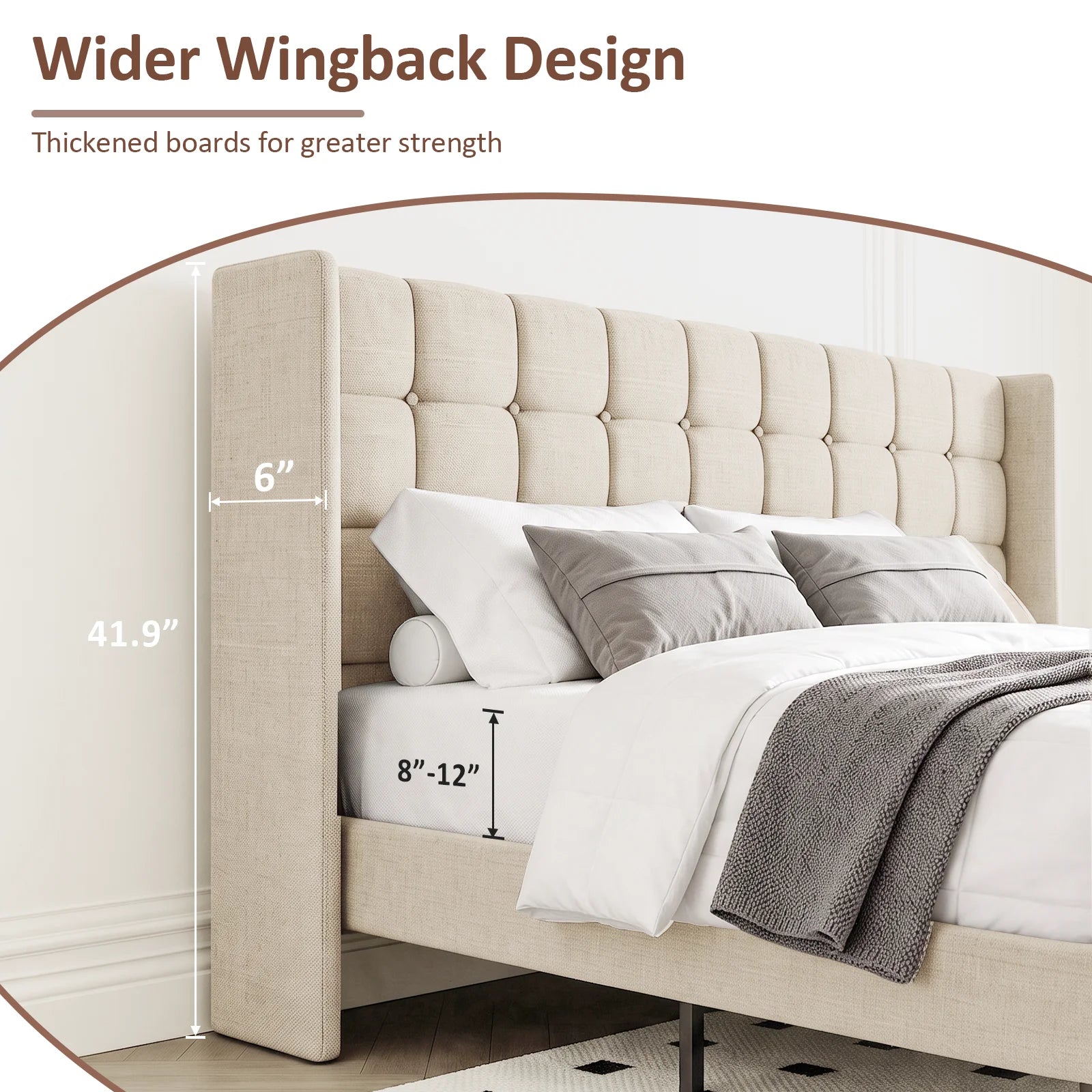 Sismplly Wingback Upholstered Platform Bed Frame — Tufted Linen Headboard