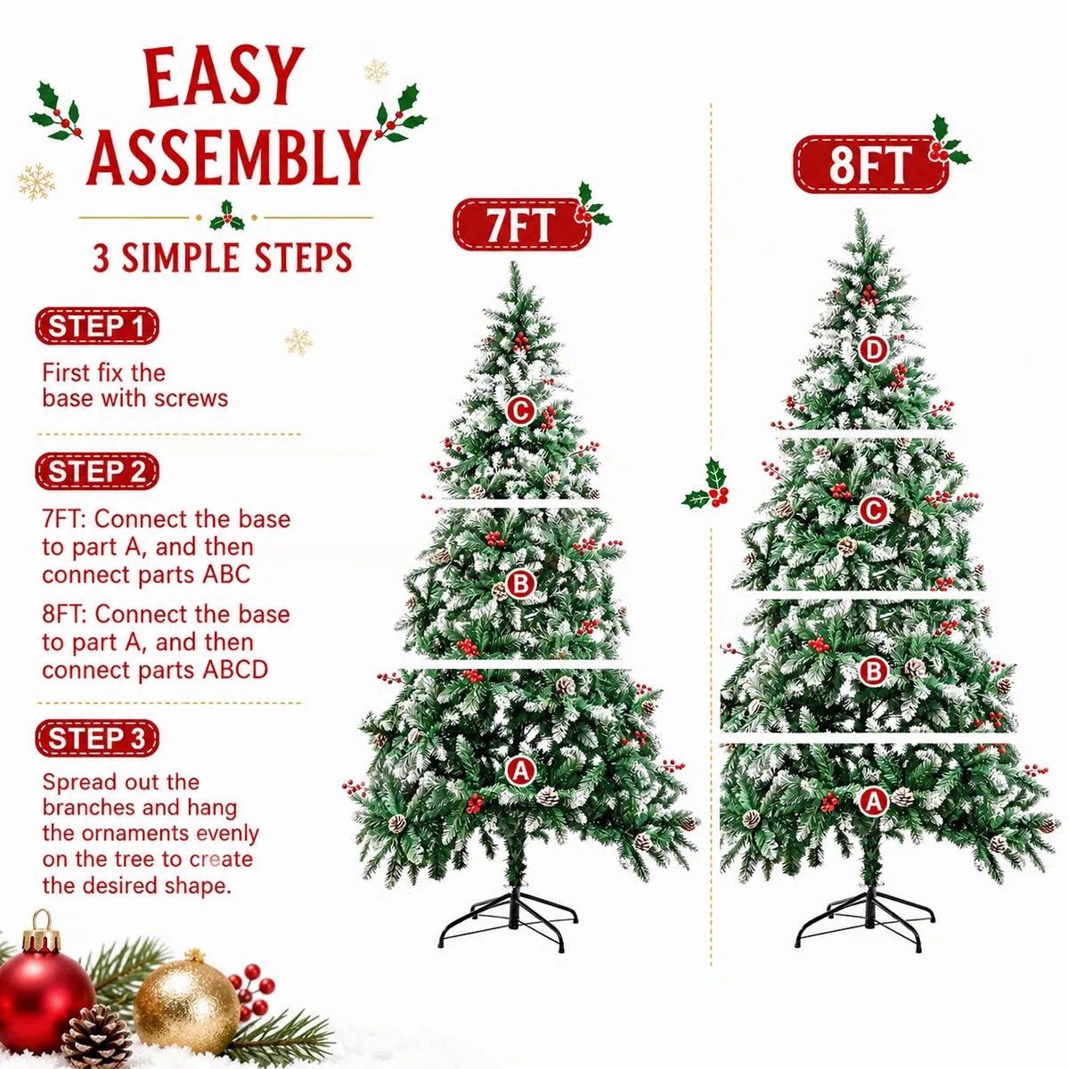 Snow Flocked Artificial Christmas Tree — Realistic Pine Cones & Red Berries
