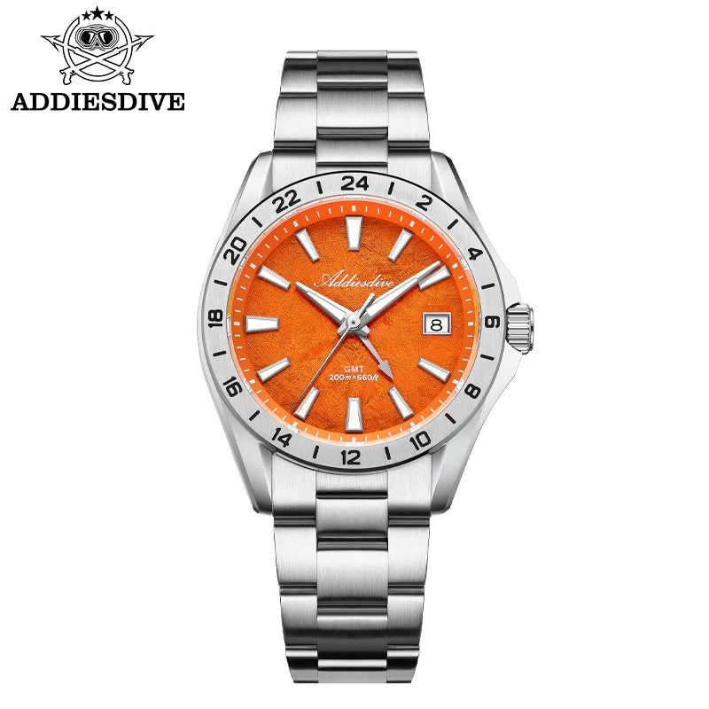 ADDIESDIVE Luxury GMT Watch — Dual Time Zone 38mm Stainless Steel