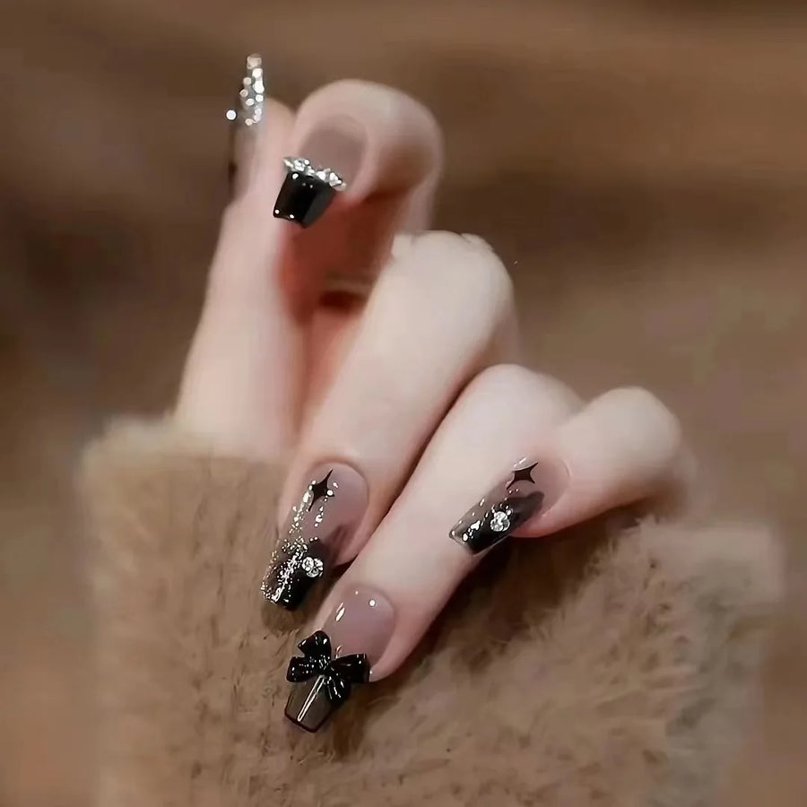 MAFANAILS Press On Nails — Short Almond Bowknot & Pearl French Tip Set