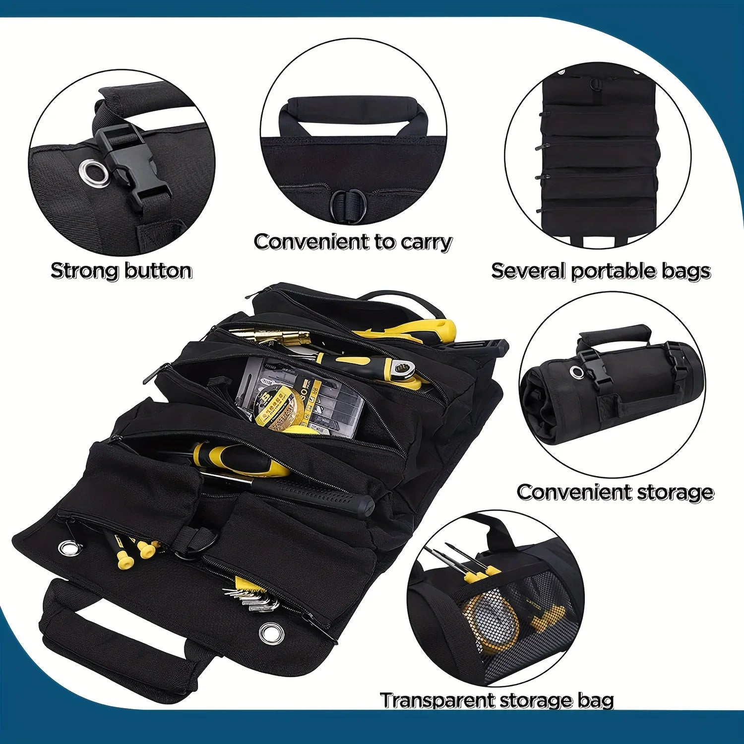 Heavy Duty Tool Bag Organizer — Roll Up Handbag with Detachable Pouches