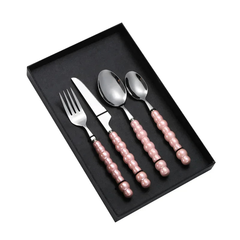 Luxury Ceramic Pearl Handle Cutlery Set — Stainless Steel Spoon and Fork Set