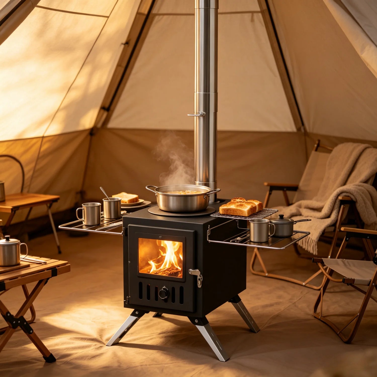 Portable Stainless Steel Wood Burning Stove — 2-in-1 Outdoor Heater & Cooker