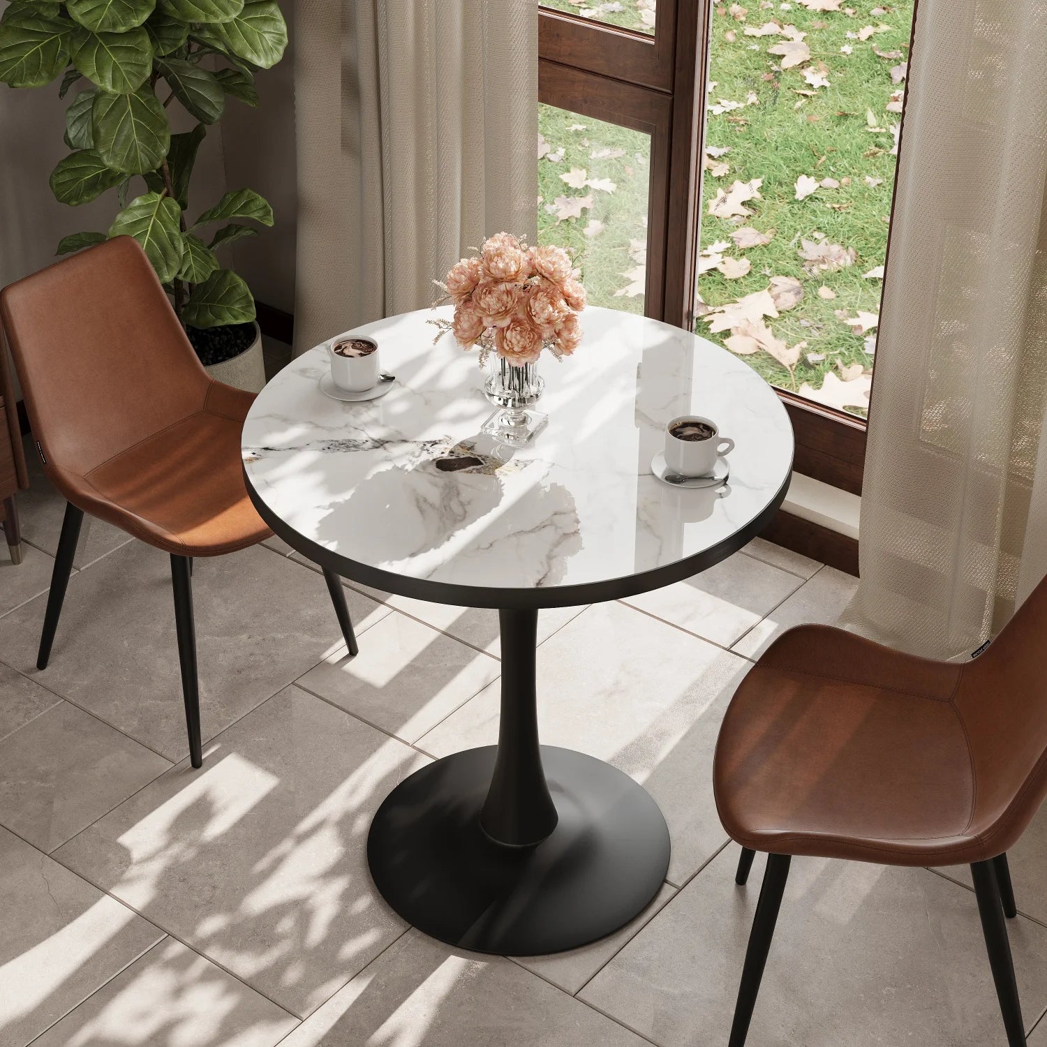 Modern Round Stone Dining Table — Minimalist Pedestal Coffee Table
