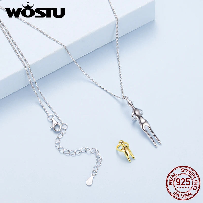 WOSTU Sterling Silver Hug Embrace Pendant — Two-Tone Matching Family Necklaces