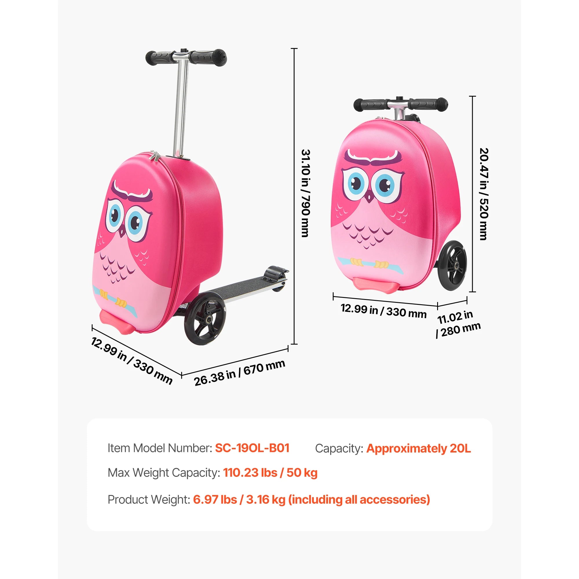 SucceBuy Kids Ride-On Luggage — 20L Scooter Suitcase with Flash Wheels