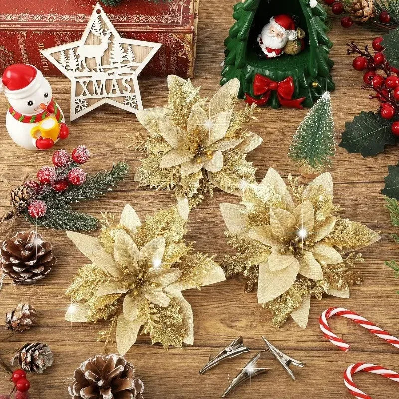 Glitter Artificial Poinsettia Flowers — Festive Holiday Tree Ornaments