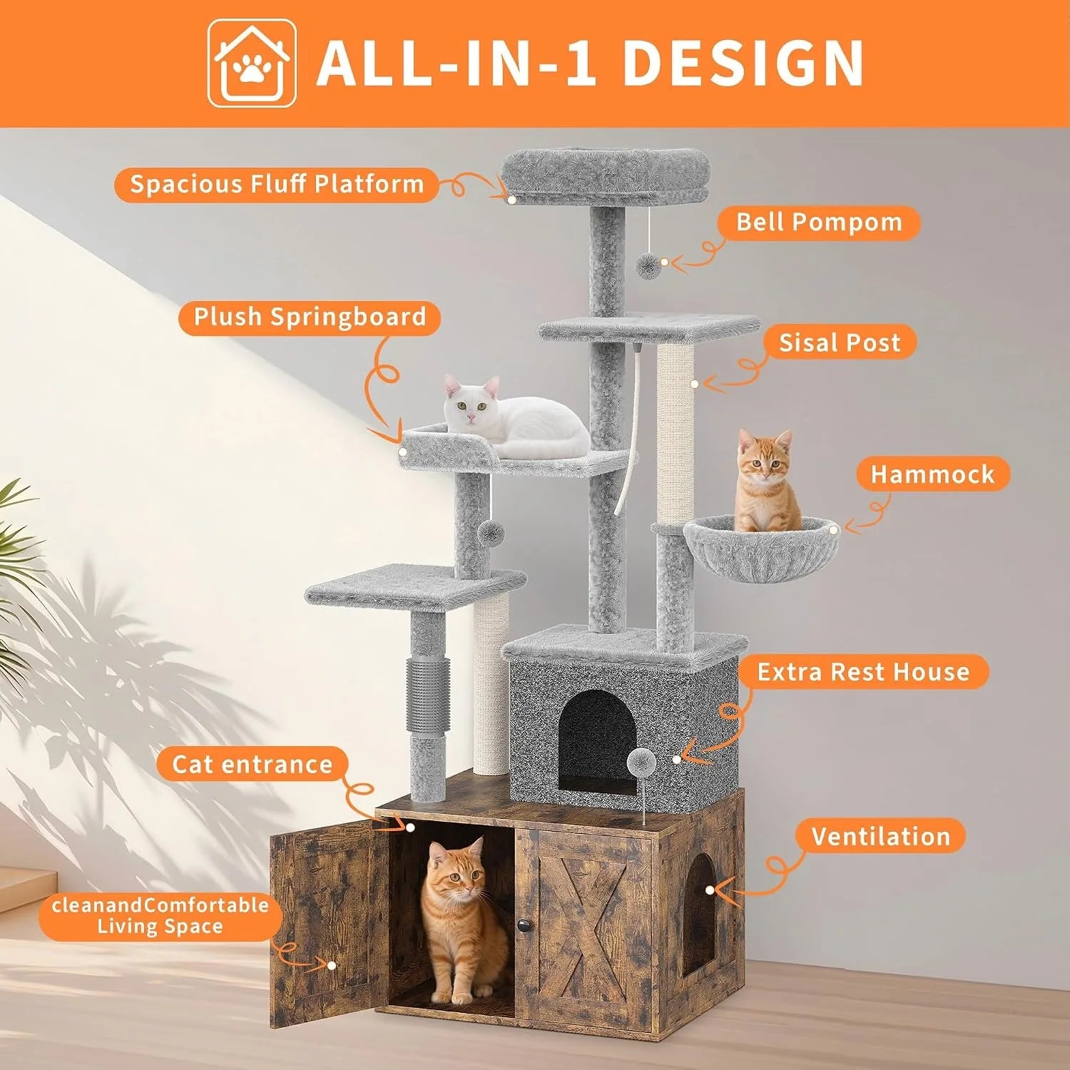 3-in-1 Modern Cat Tree — Hidden Litter Box & Activity Center