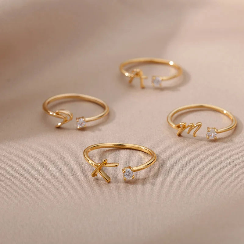 ICFTZWE Zircon Initial Letter Rings — Adjustable Stainless Steel Jewelry