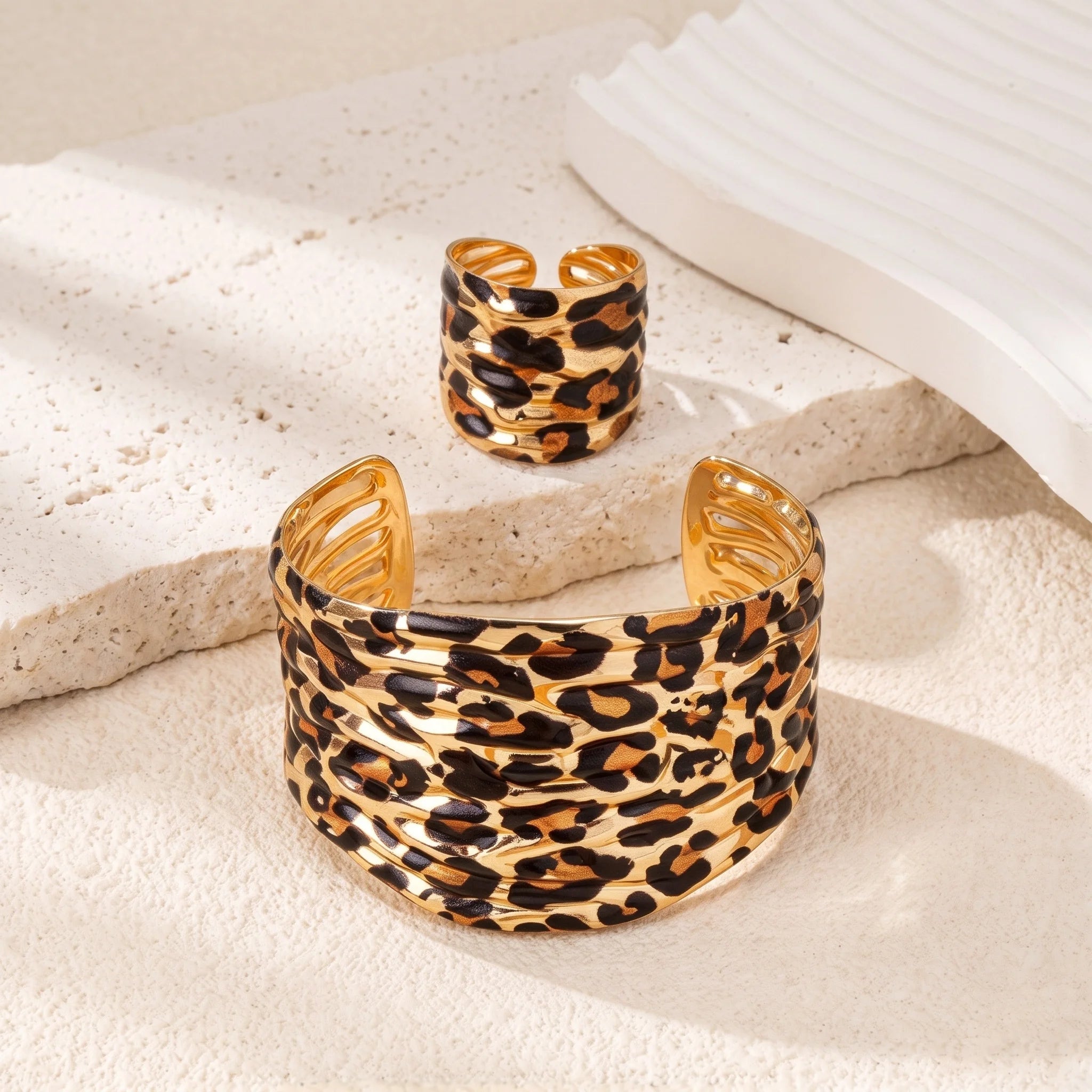Obega Leopard Print Bangle and Ring Set — Trendy Gold Statement Jewelry