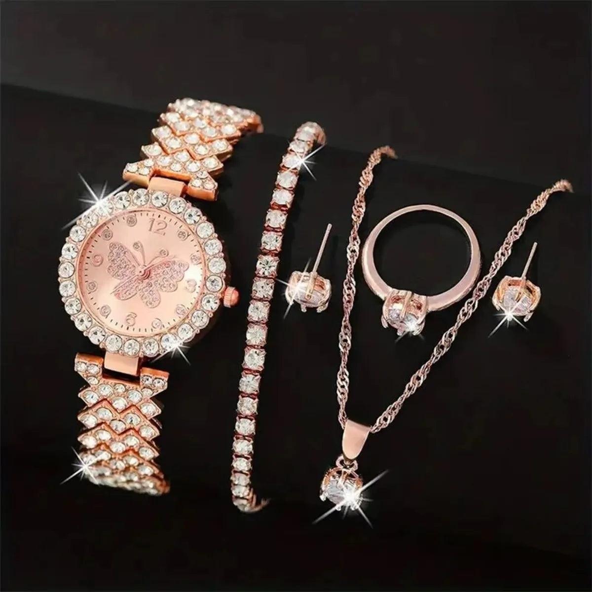 Luxury Rhinestone Butterfly Jewelry Set — Women's Quartz Watch & Accessories