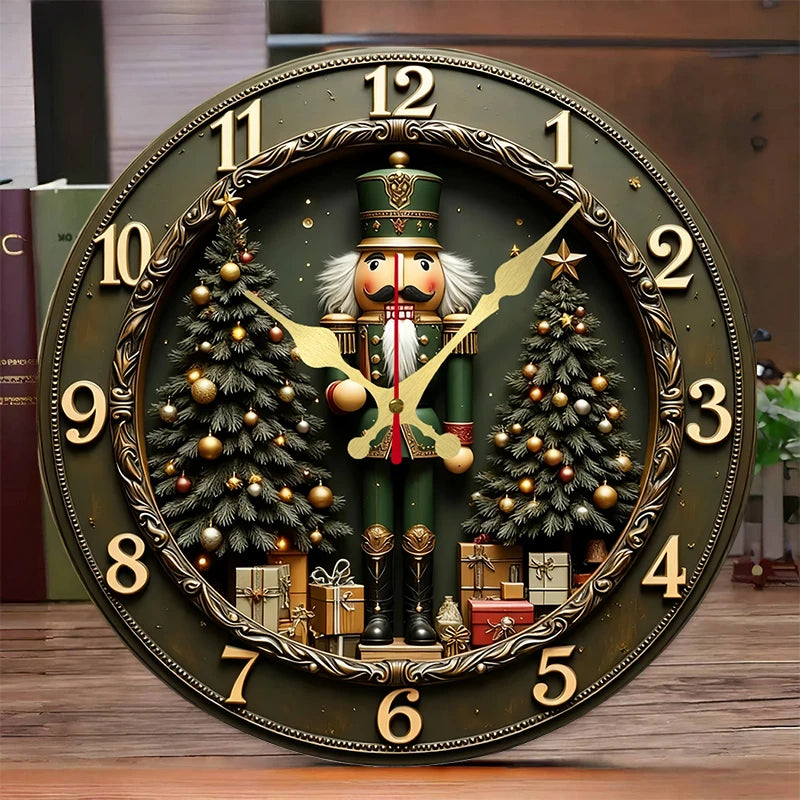 Nutcracker Wooden Wall Clock — Silent Round Holiday Decor
