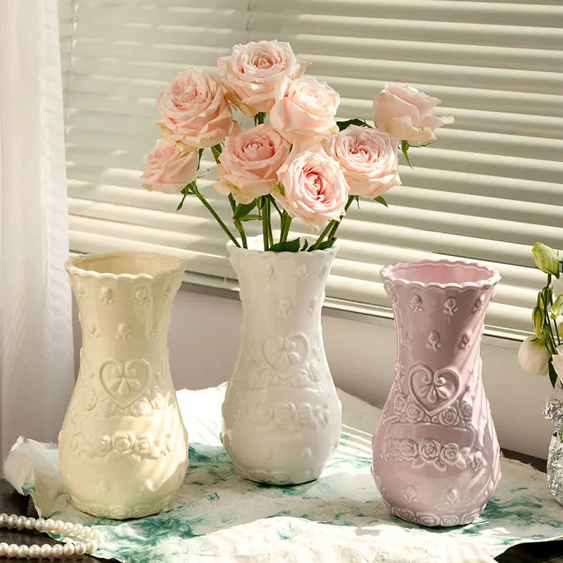 Retro Rose Relief Decorative Vase — European Style Imitation Ceramic Desktop Ornament