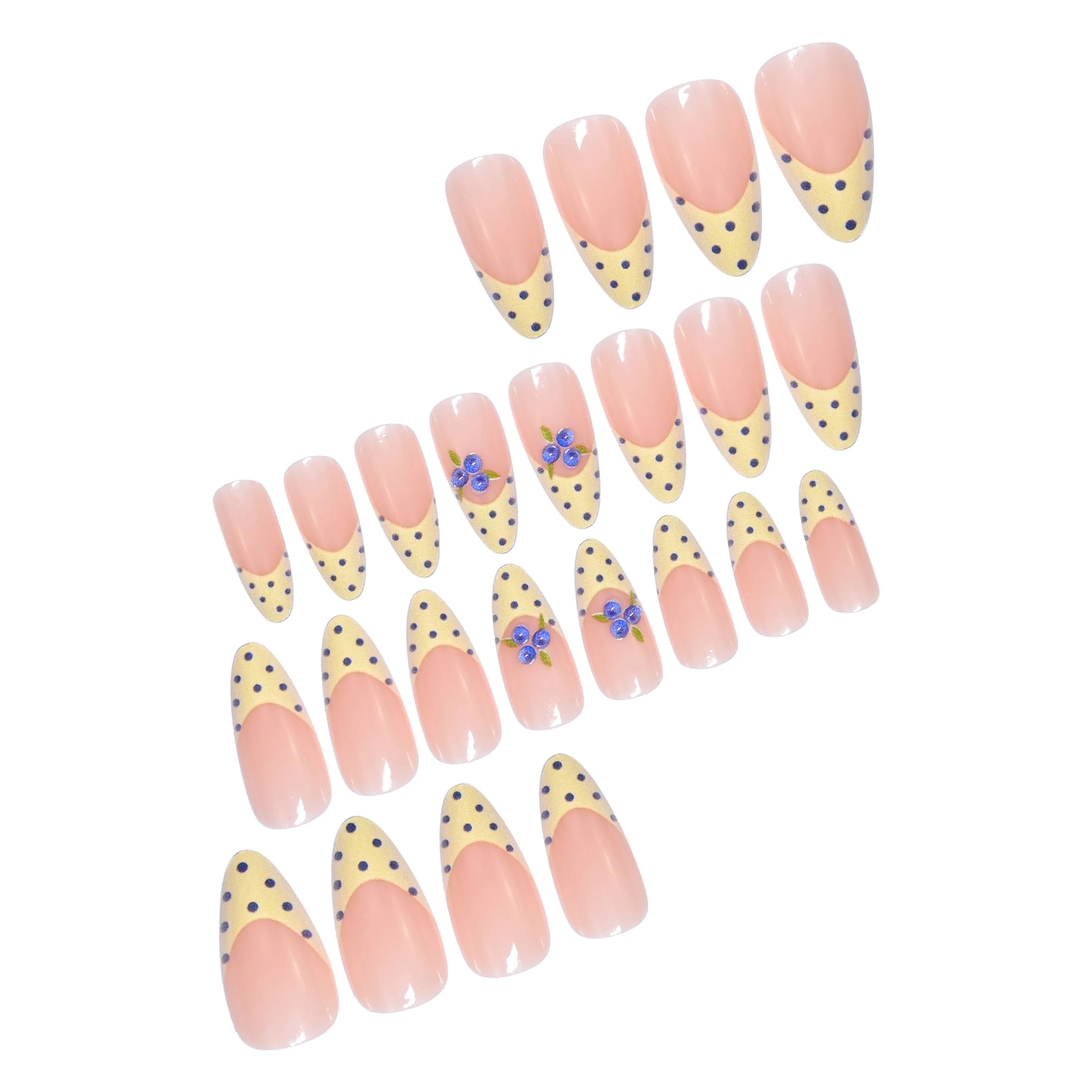 Almond Press-On Nails — Yellow Polka Dot & Blue Berry Design, 24pcs