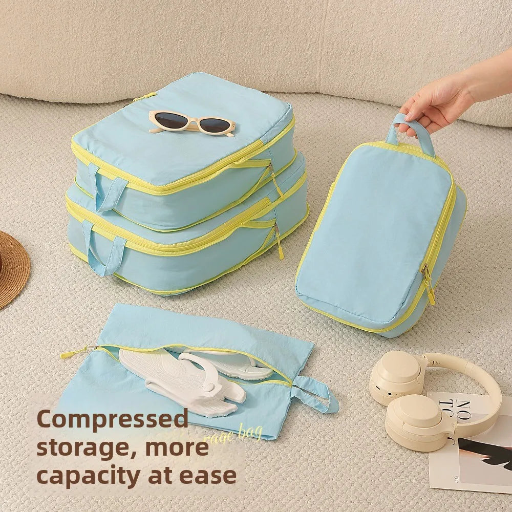 Four-Piece Packing Cube Set — Space-Saving Luggage Organizers with Shoe Bag