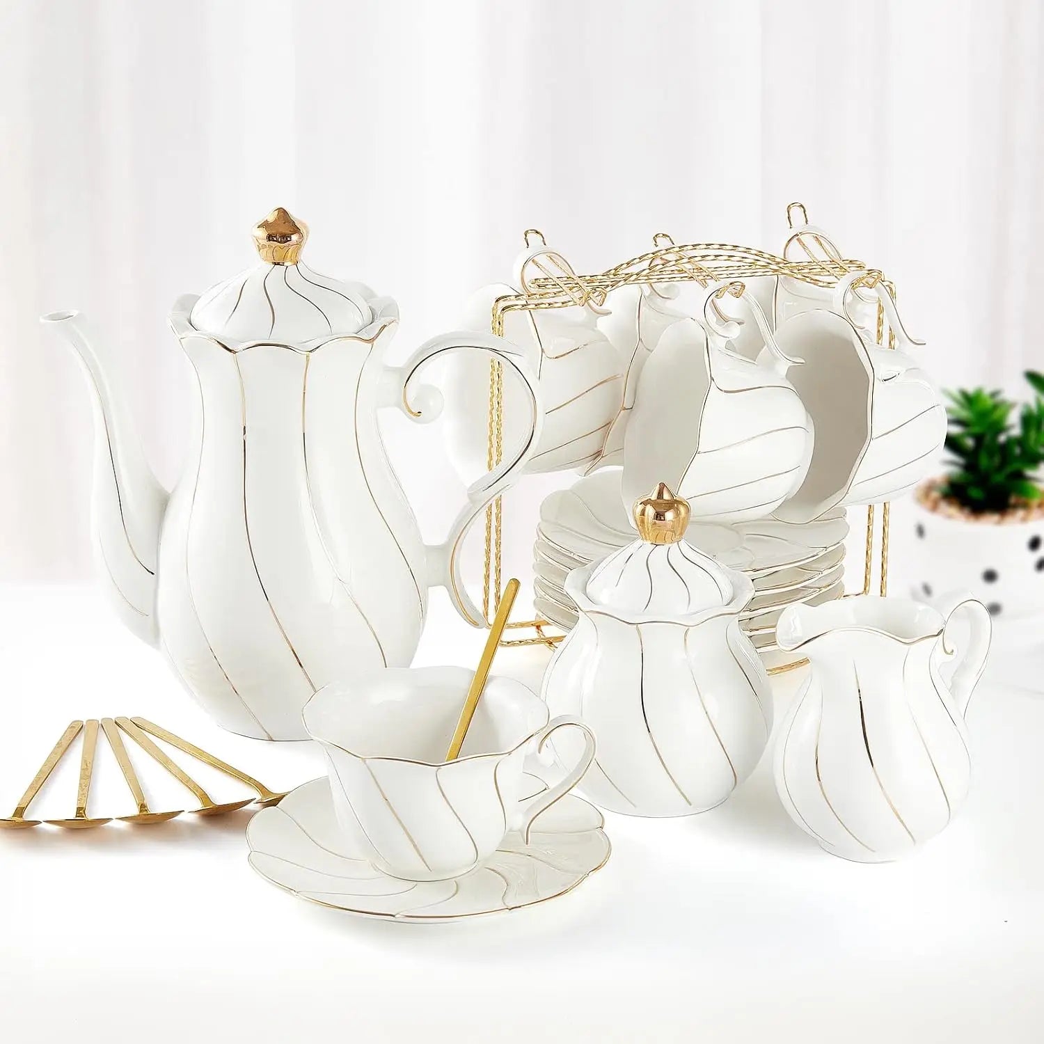 IOSN Luxury White Porcelain Tea Set — 22-Piece British Style with Gold Trim