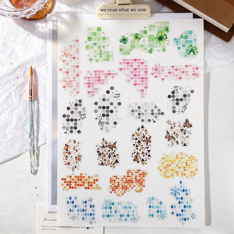 Watercolor Mosaic Grid PET Stickers — Decorative Scrapbooking & Collage Set