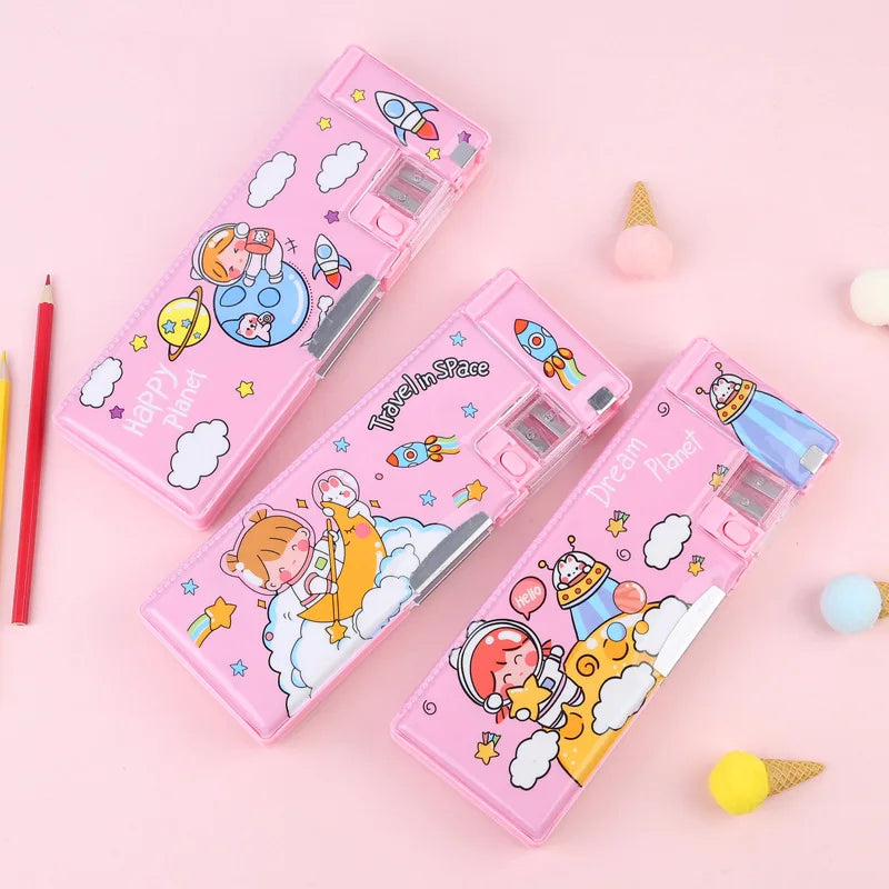 Pink Double Sided Pencil Case — Stationery Box with Built-in Sharpener