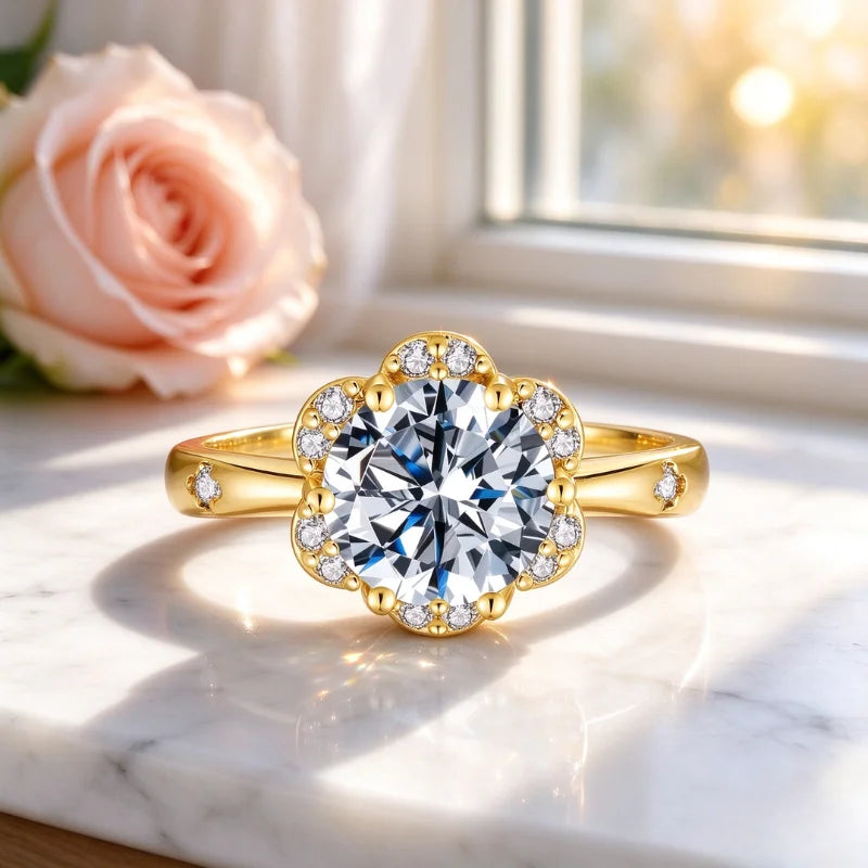 YUKOOL Flower Shaped CZ Engagement Ring — 18K Gold Plated Floral Solitaire