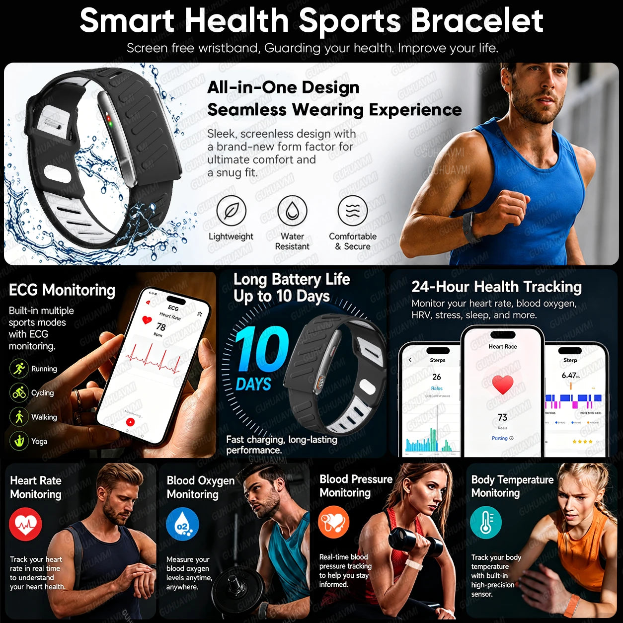 GUHUAVMI Screenless Smart Health Bracelet — 24/7 ECG & SpO2 Fitness Tracker