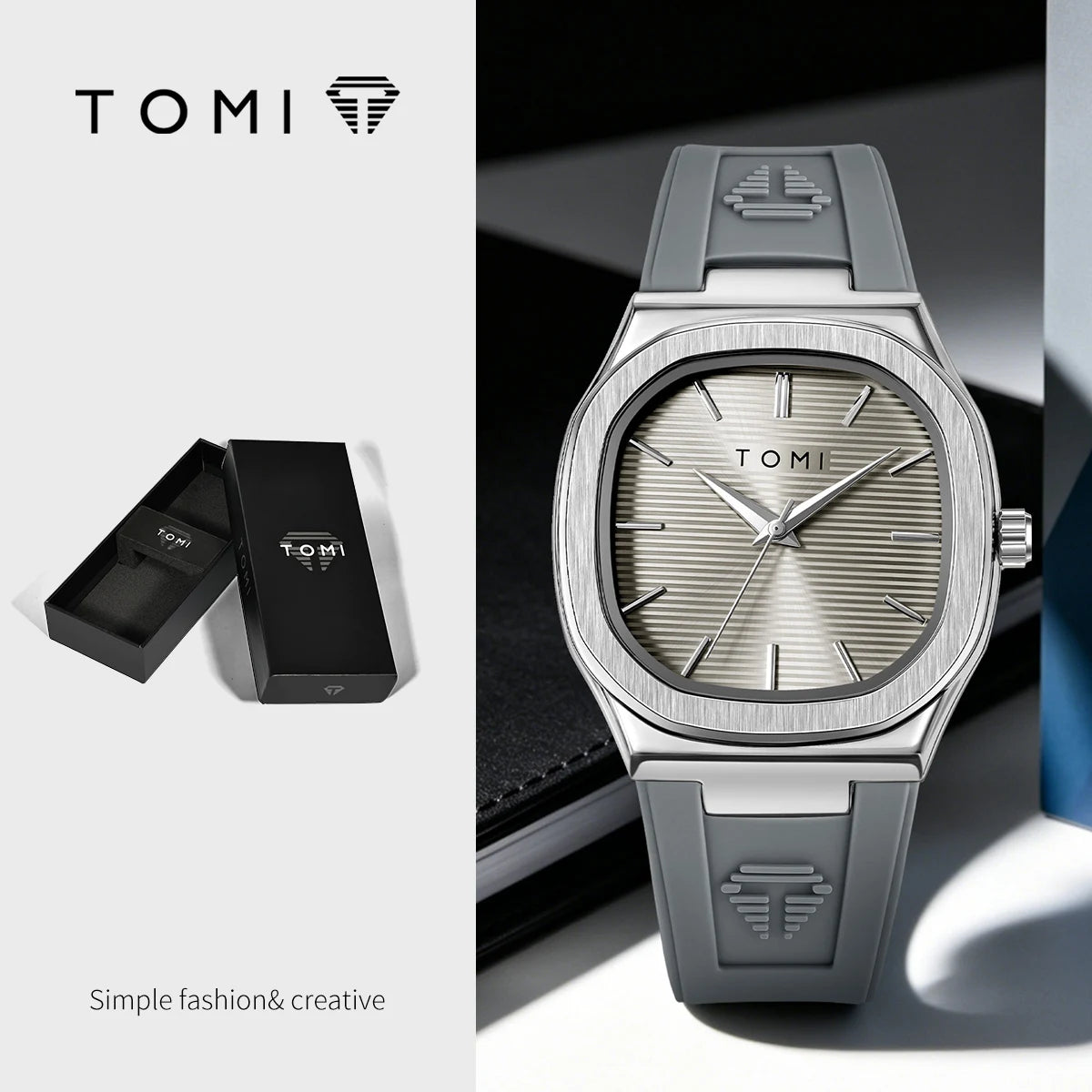 TOMI Men's Quartz Watch — Luxury Square Dial with Rubber Strap