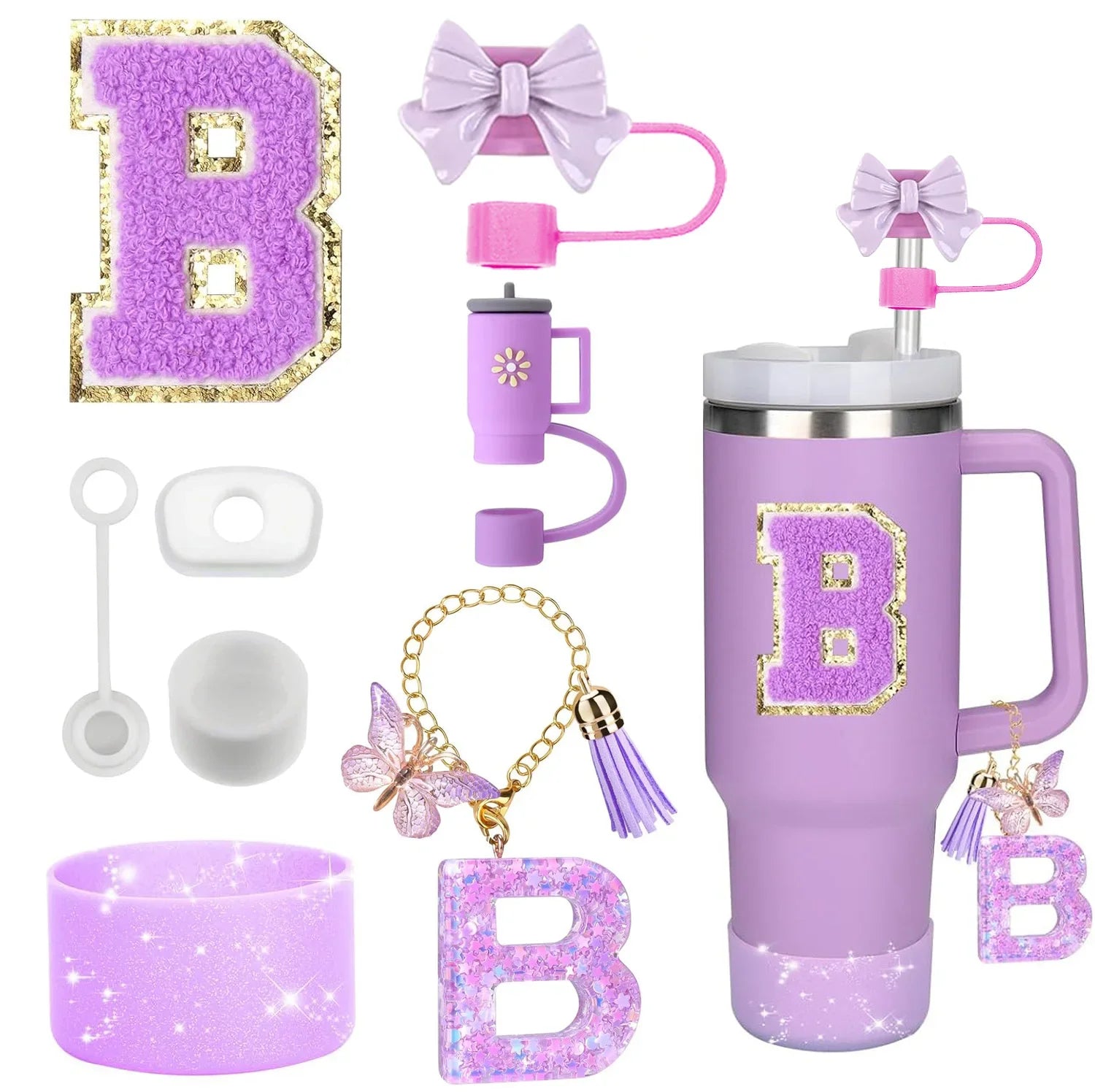 8-Piece Purple Tumbler Accessory Set — Silicone Straw Topper & Personalized Charms