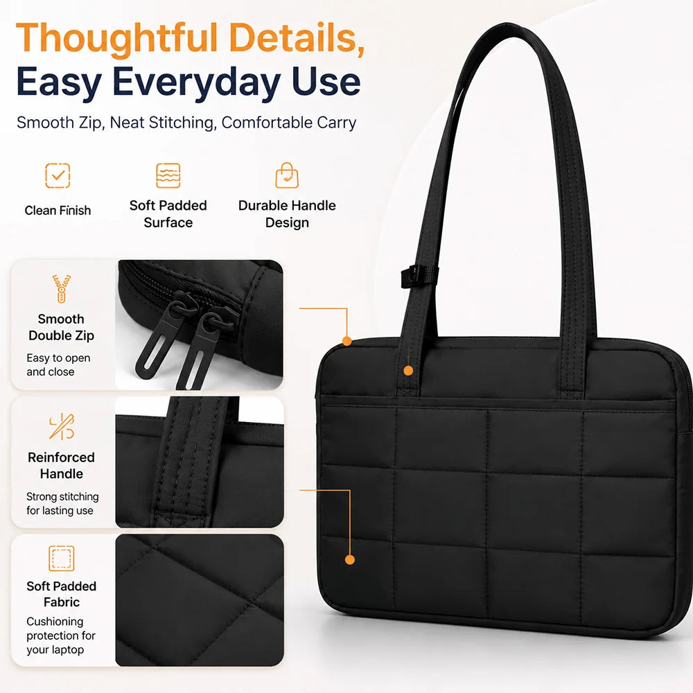 Minimalist Quilted Laptop Bag — Protective Shoulder Tote for 15.6 Inch Devices