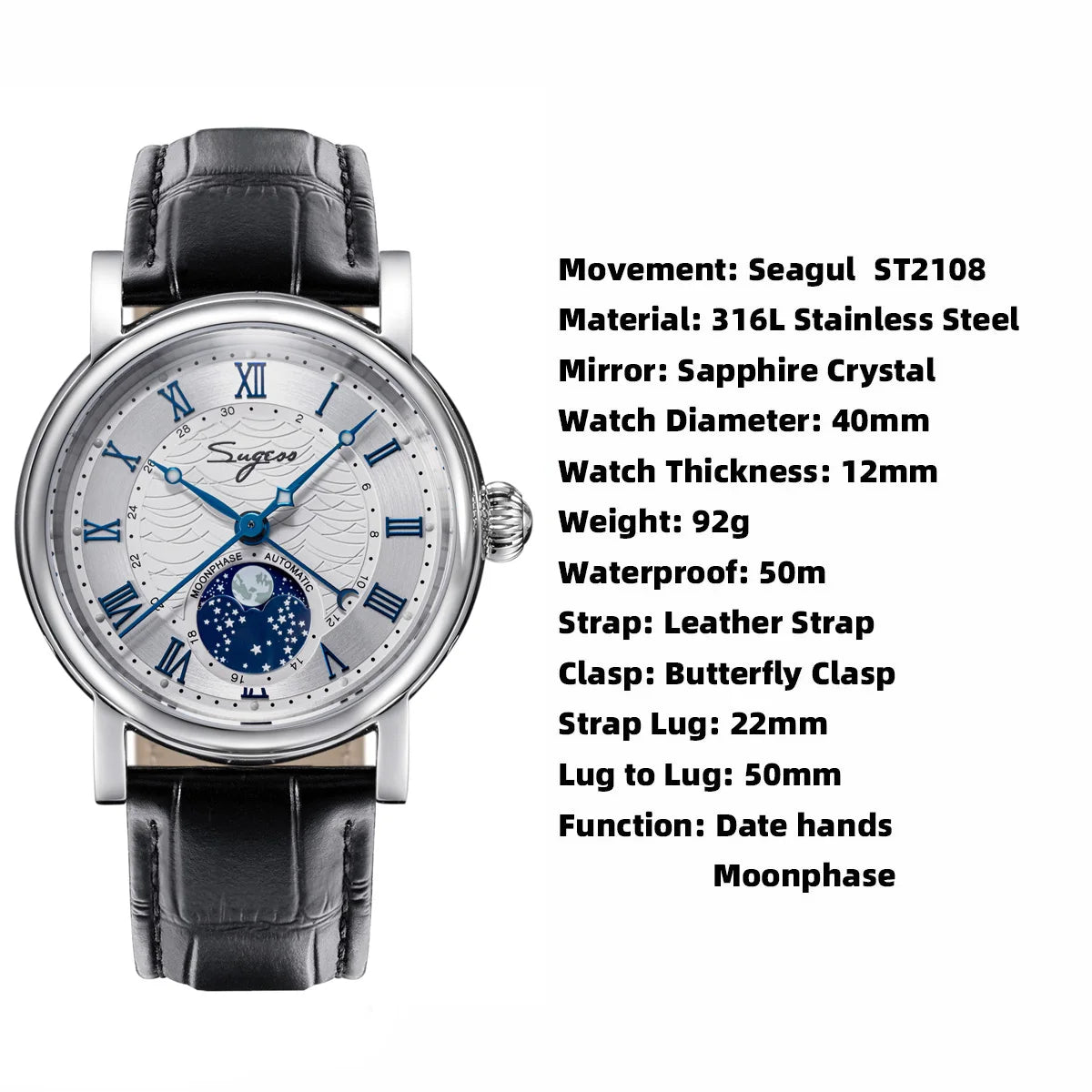SUGESS Automatic Mechanical Moonphase Watch — Elegant Business Timepiece