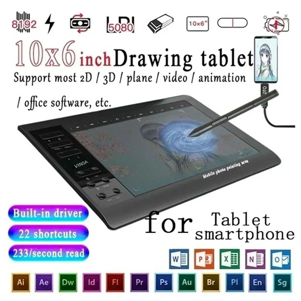 Gtwoilt Digital Drawing Tablet — 10x6 Inch Portable Graphic Pad for Design