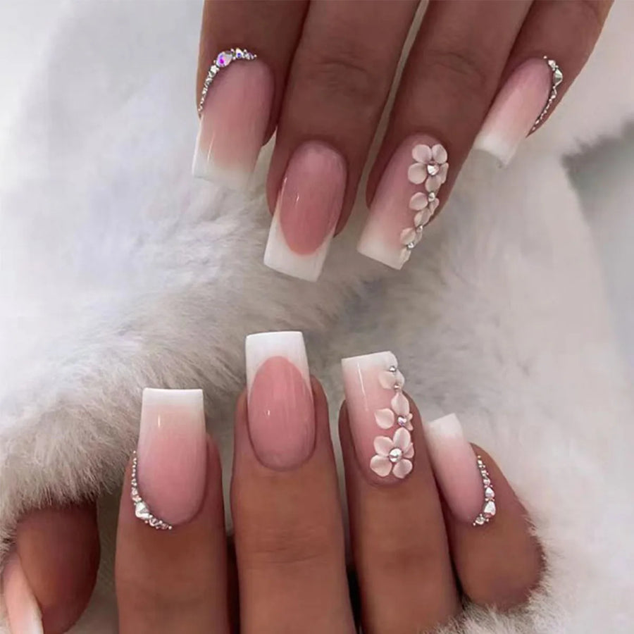 Nude Square Press-On Nails — Long Resin False Nail Set with Application Kit