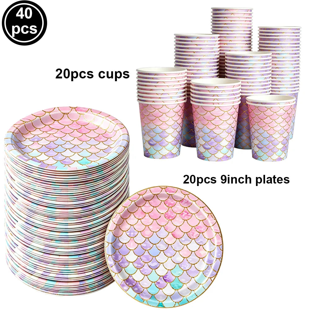 Mermaid Scales Pattern Party Supplies — Disposable Tableware Decor Set