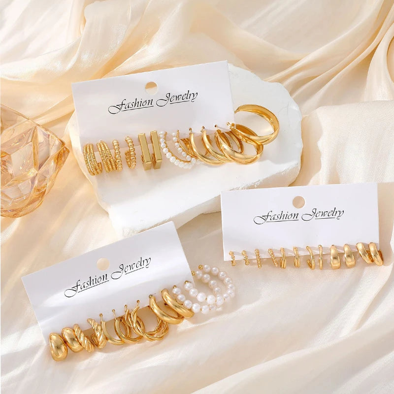 AY Geometric Hoop Earrings Set — Vintage Bohemian Pearl Drop Jewelry