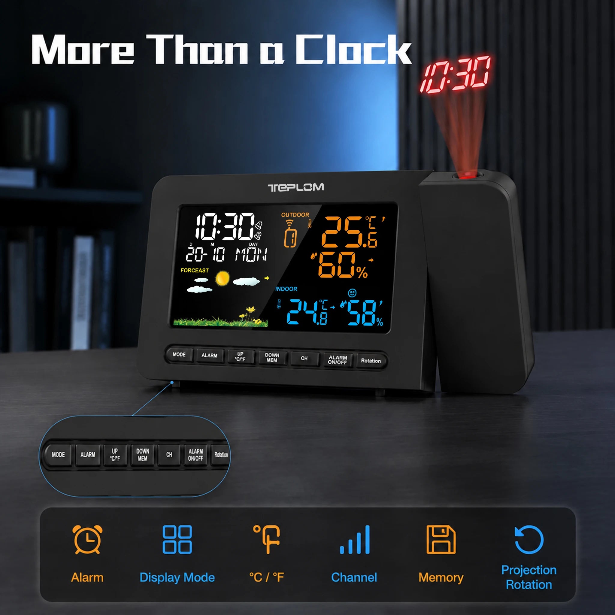teplom Digital Weather Station — Projector Clock with Temperature & Humidity