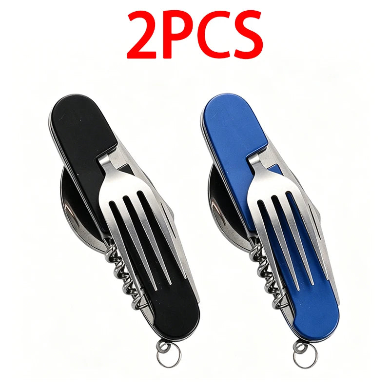 6-in-1 Stainless Steel Camping Cutlery Set — Portable Folding Outdoor Kit