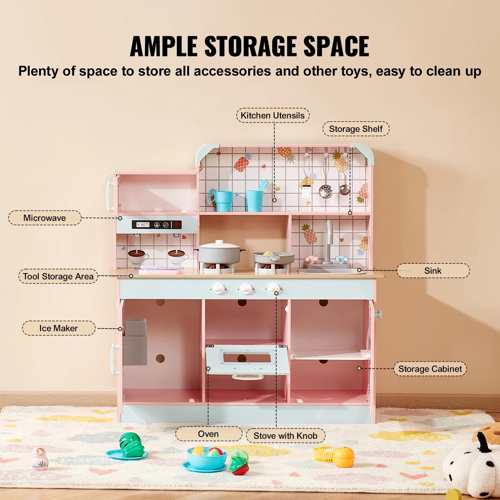 SucceBuy Wooden Kids Kitchen Playset — Chef Roleplay Toy with Lights & Sounds