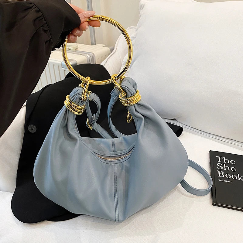 Elegant PU Leather Hobo Bag — Stylish Gold Ring Handle Tote
