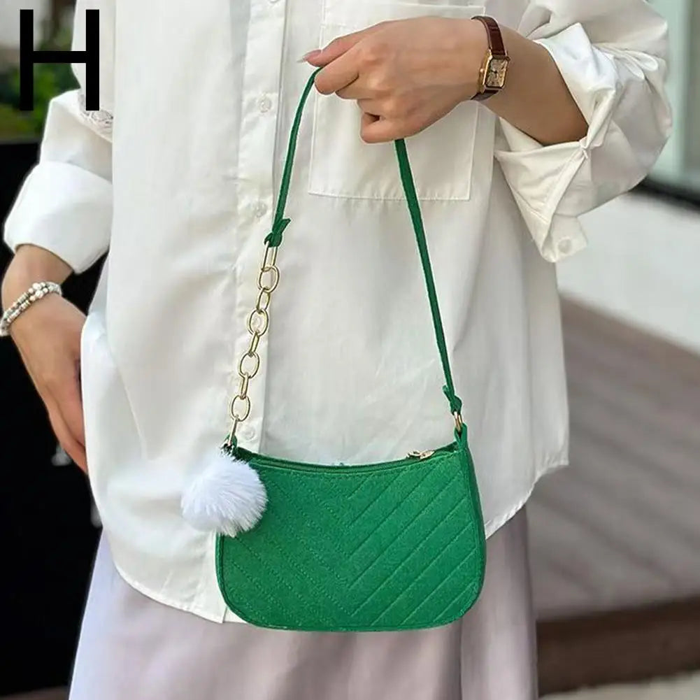 Mini Felt Shoulder Bag — Stylish Underarm Handbag with Pom-Pom Detail