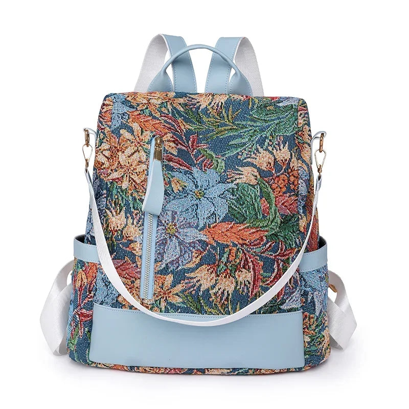 Floral Embroidered Nylon Backpack — Large Capacity Travel Rucksack