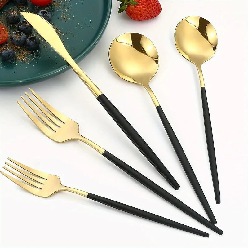30-Piece Stainless Steel Cutlery Set — Elegant Black and Gold Flatware