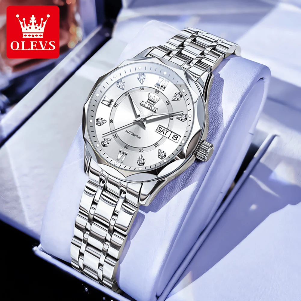 OLEVS Automatic Women's Watch — Luxury Stainless Steel & Dual Calendar