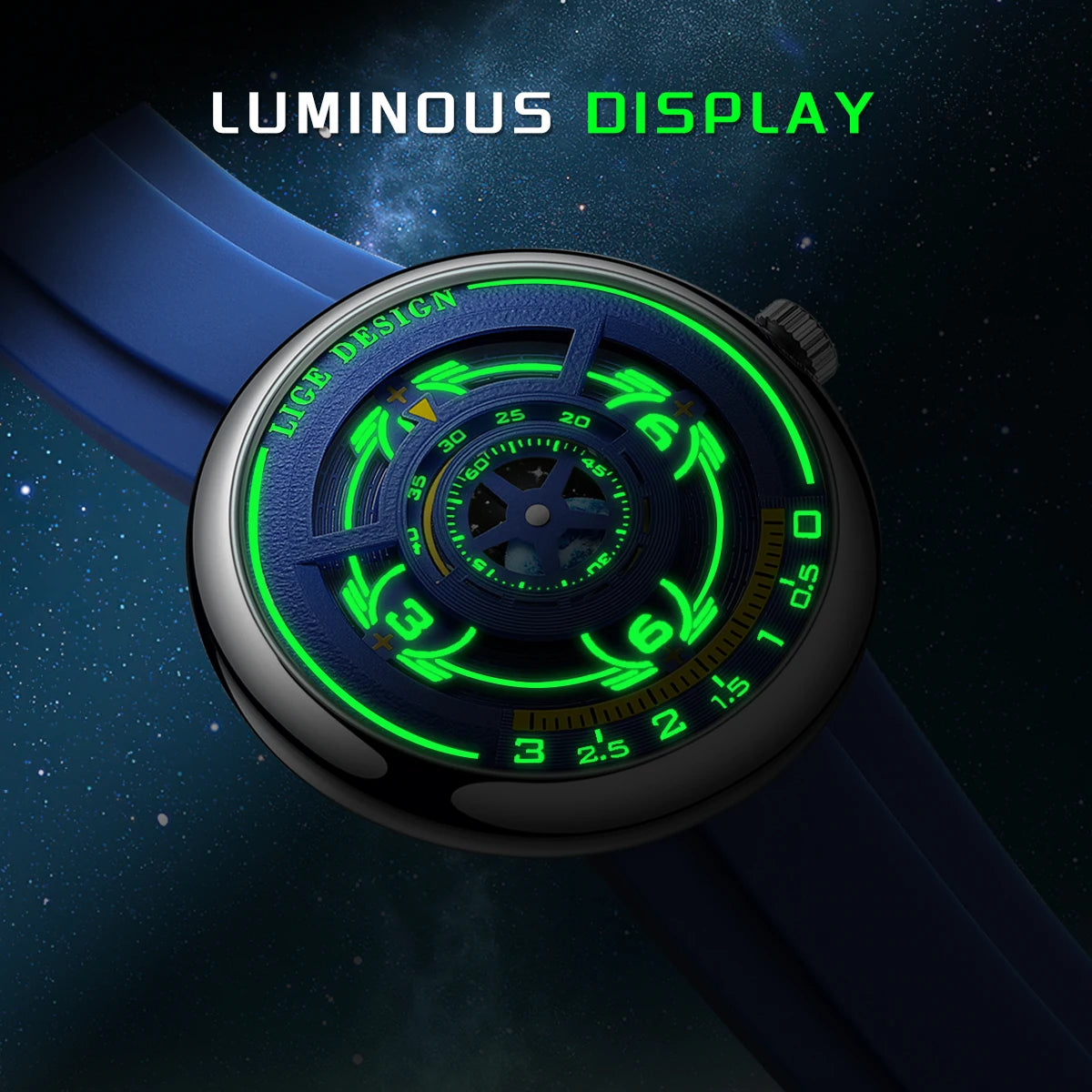 LIGE Sporty Men's Quartz Watch — Blue Planet Dial with Luminous Hands